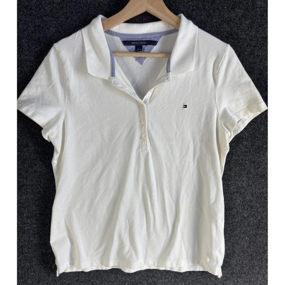 Tommy Hilfiger Polo Shirt Men L Large White Button Up Collared Short Sleeve